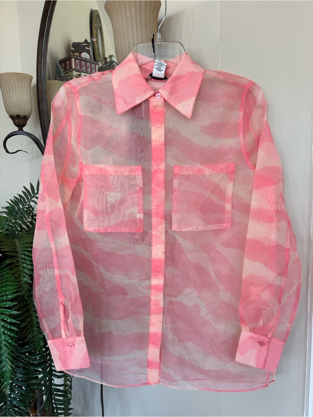 NWT Rachel Zoe Pink & Cream Sheer Camouflage Button-Up Shirt Jacket Blouse - Picture 5 of 13